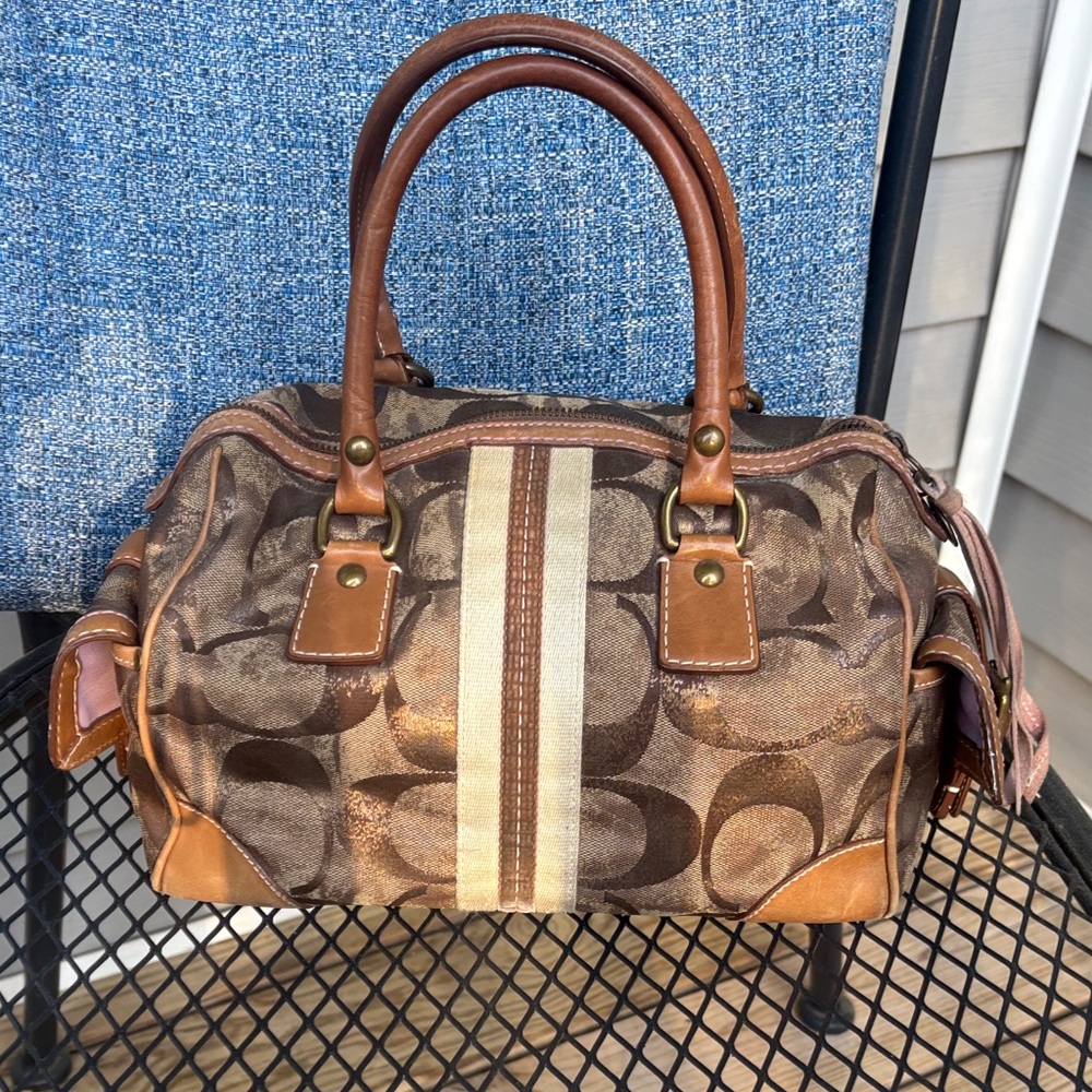 Coach Brown Signature Canvas Satchel with Cream Center Stripe